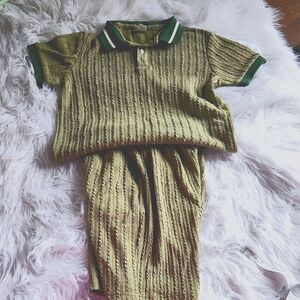Green and White Striped Polo Shirt and Shorts Set
